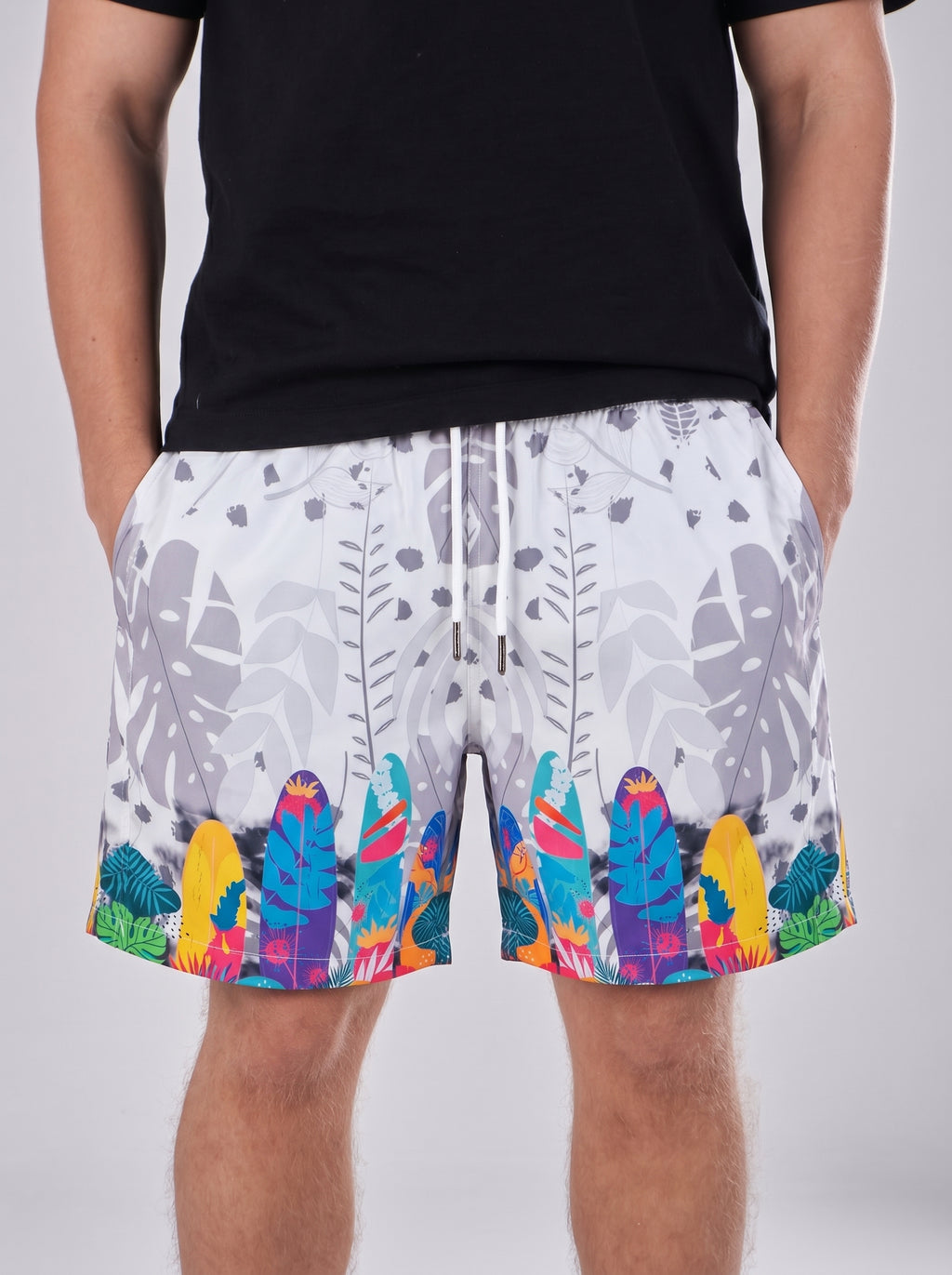 Swimshort – Grey Surfboards Tropical Print