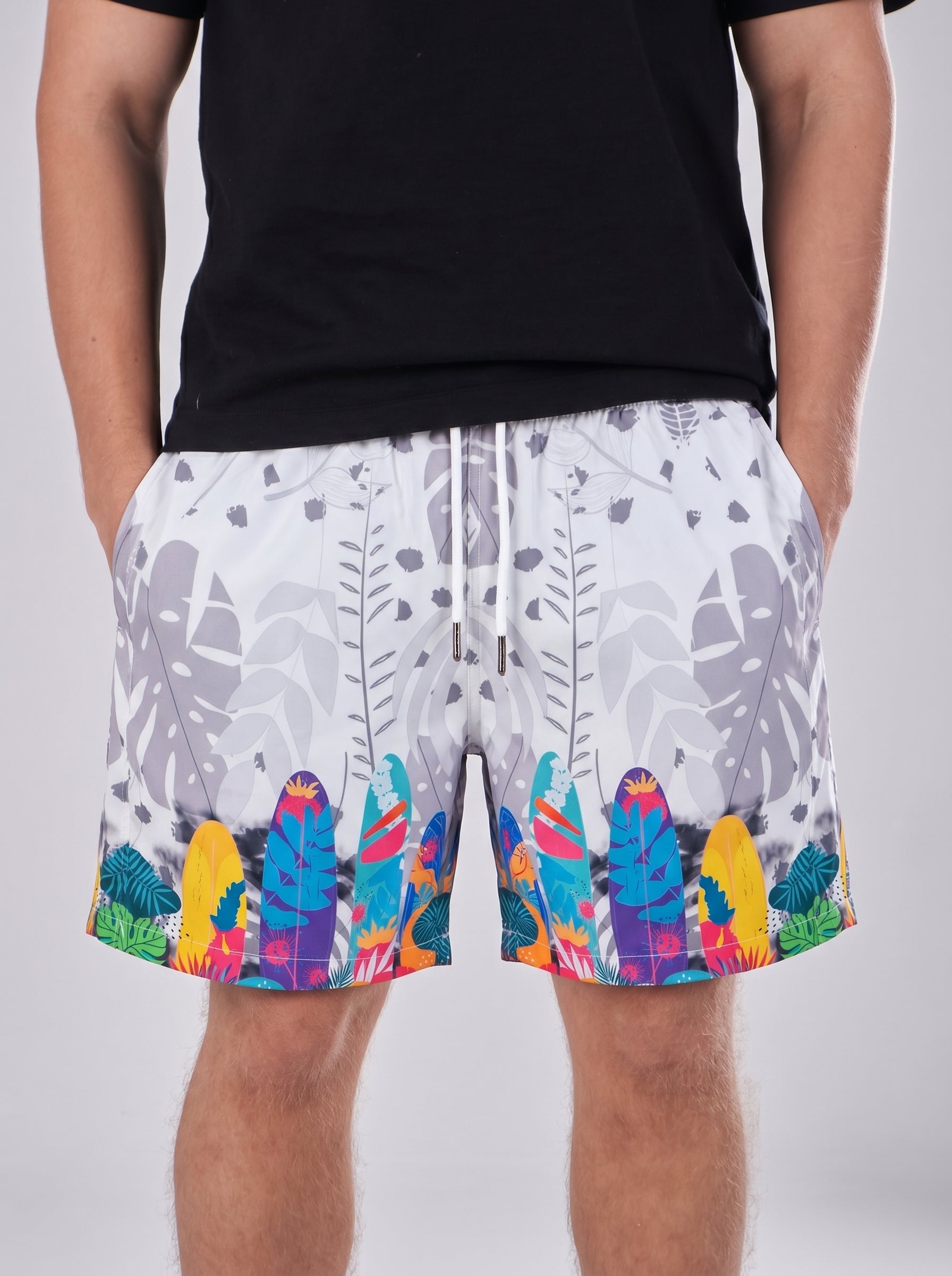 Swimshort – Grey Surfboards Tropical Print
