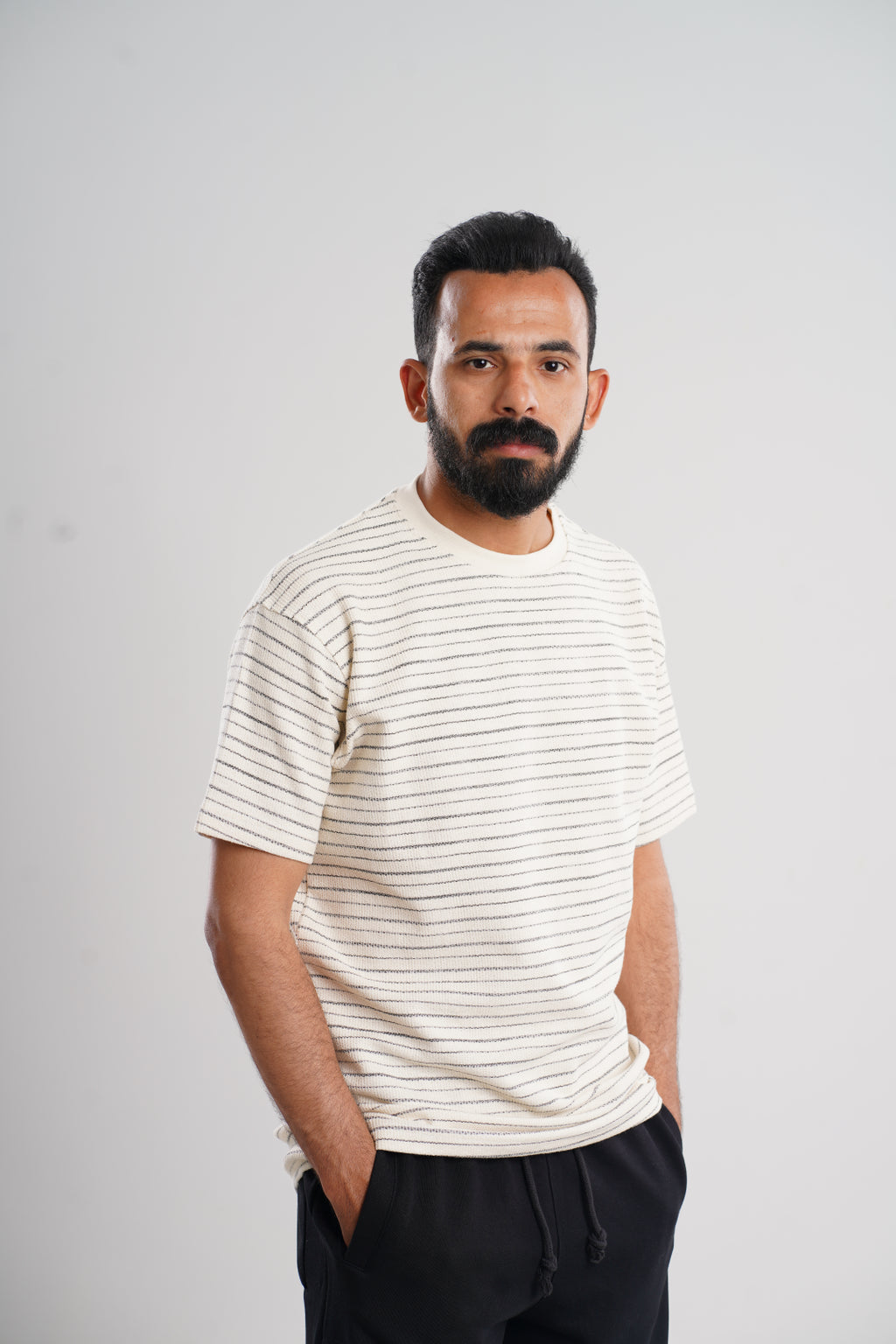 Beige Striped T-Shirt - Relaxed Fit.