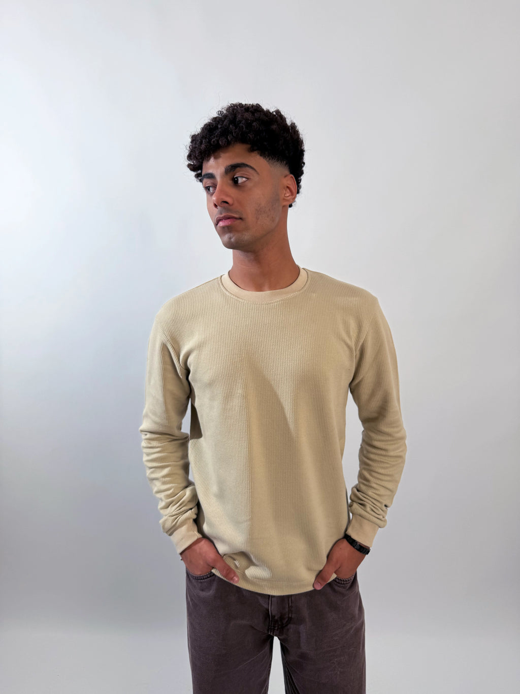 Ribbed Long Sleeves Undershirt - Beige
