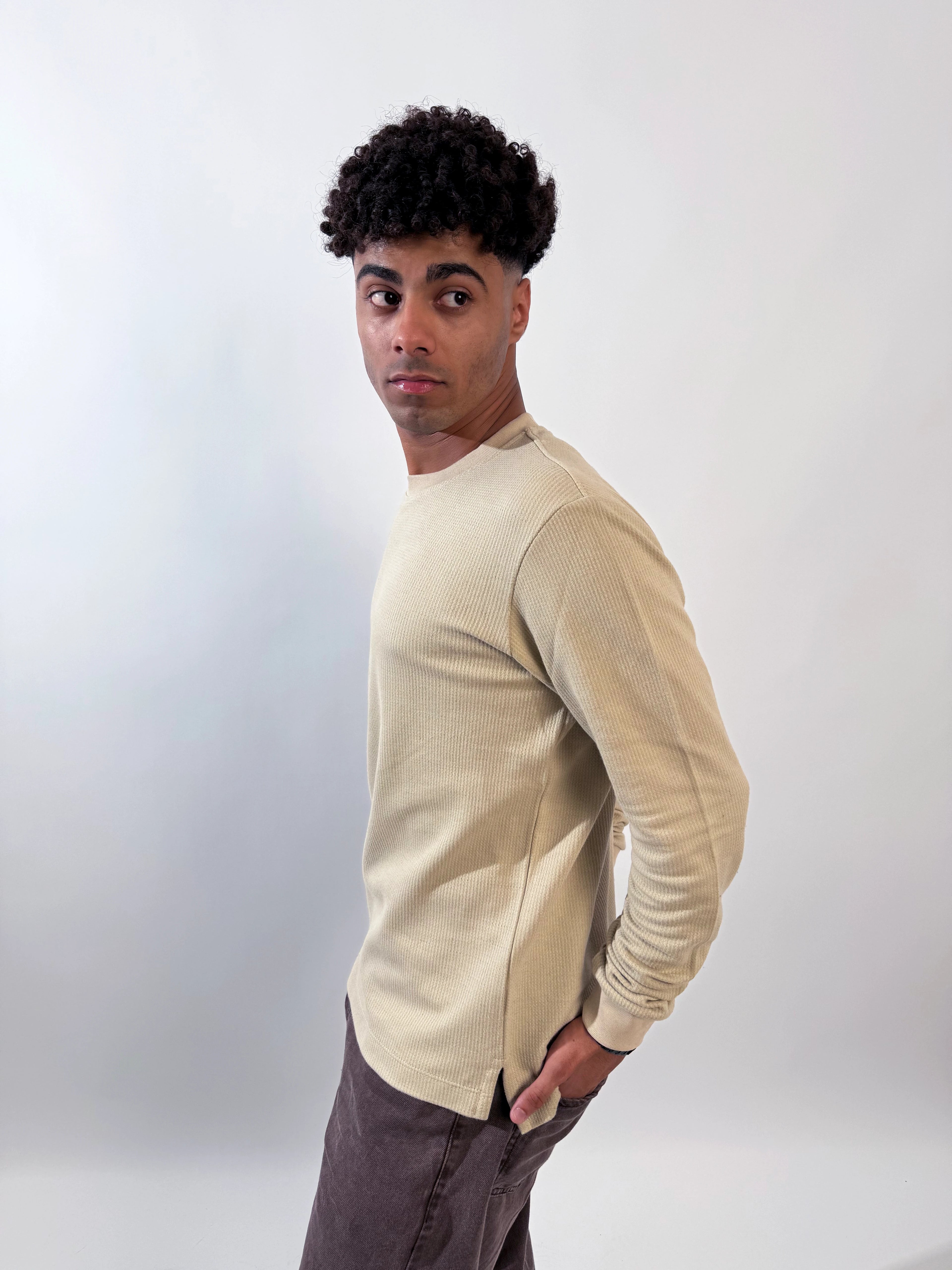Ribbed Long Sleeves Undershirt - Beige
