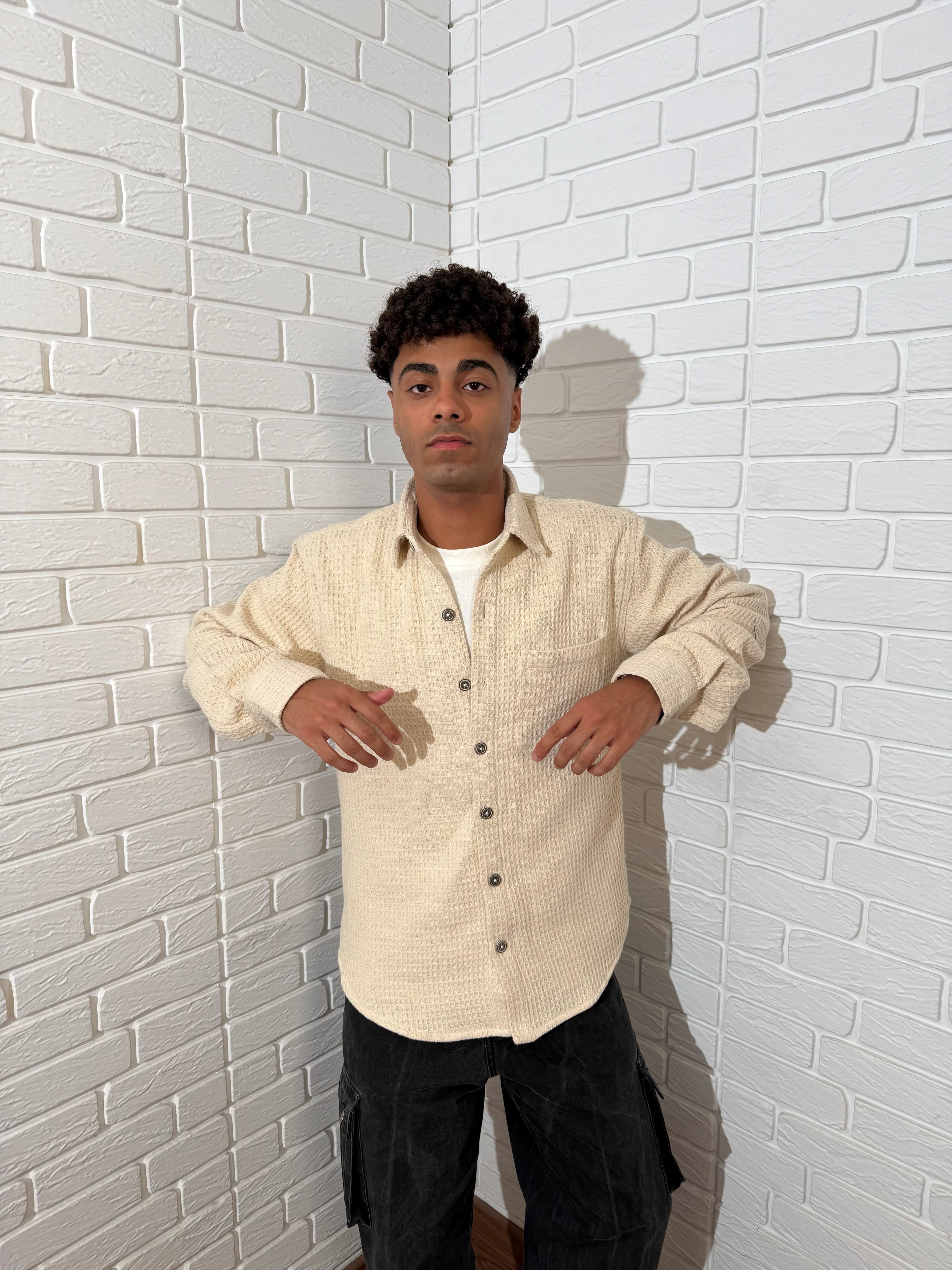 Relaxed Cotton Shirt - Beige.