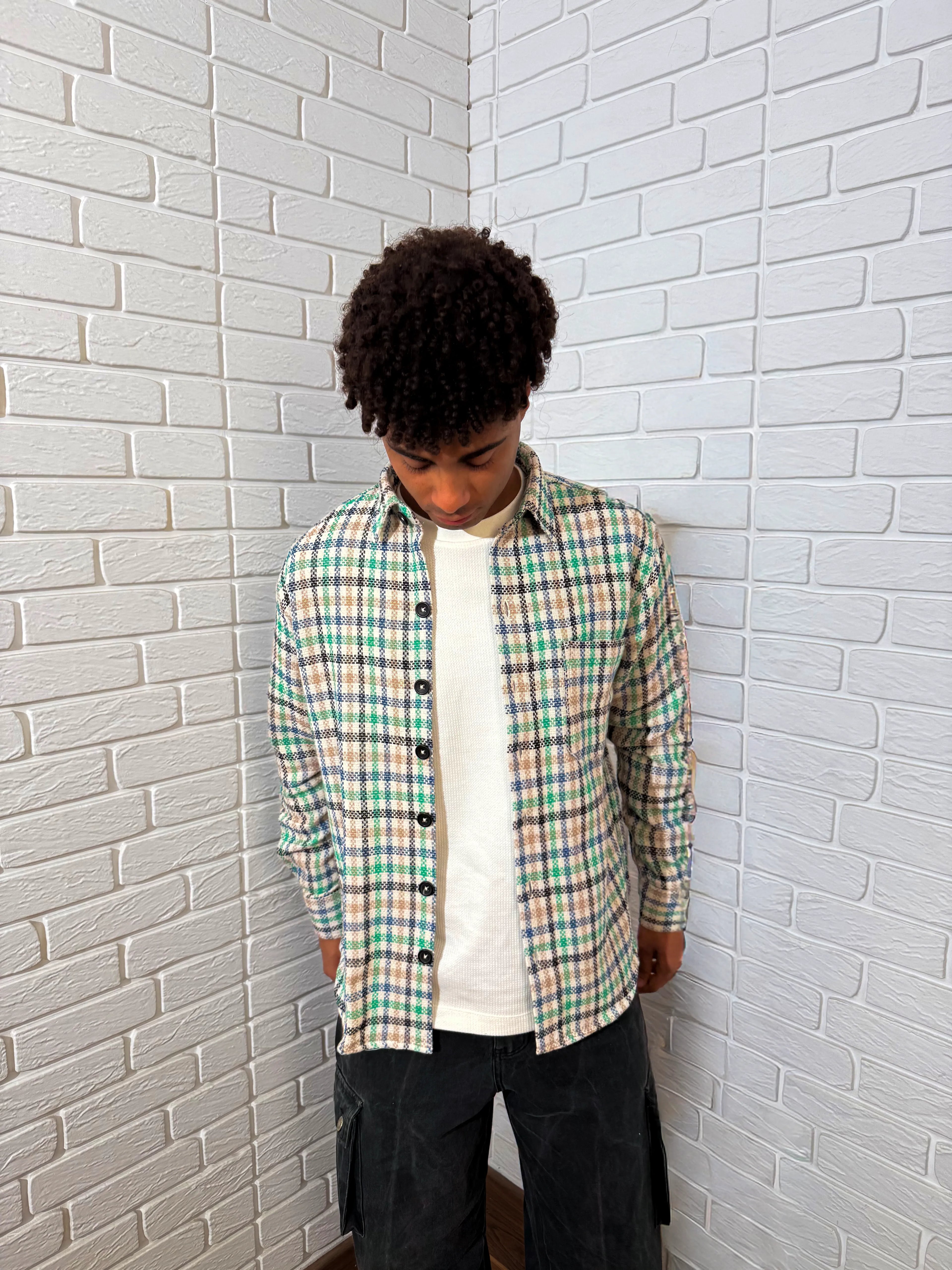 Relaxed Cotton Shirt - Green & Beige