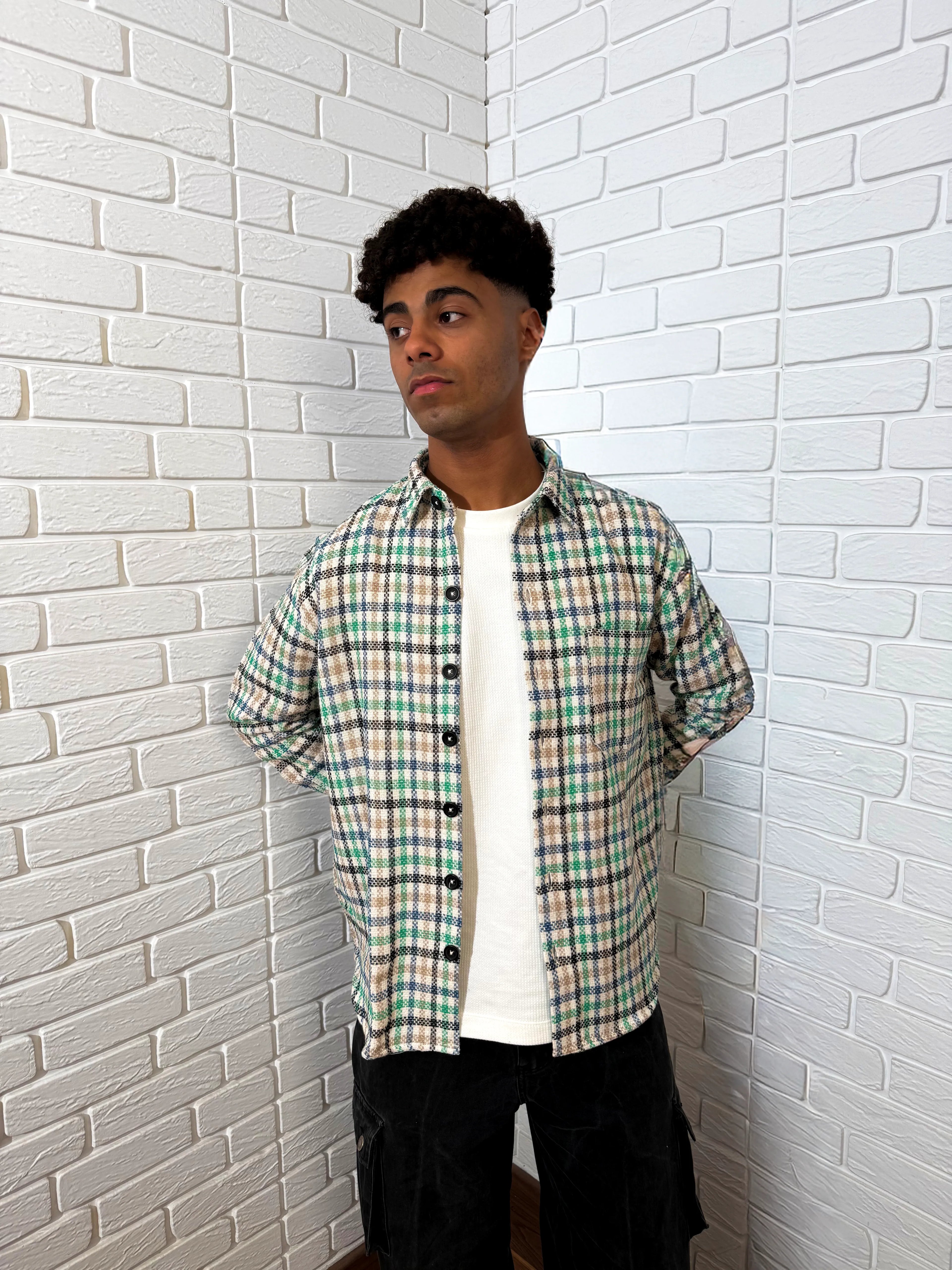 Relaxed Cotton Shirt - Green & Beige