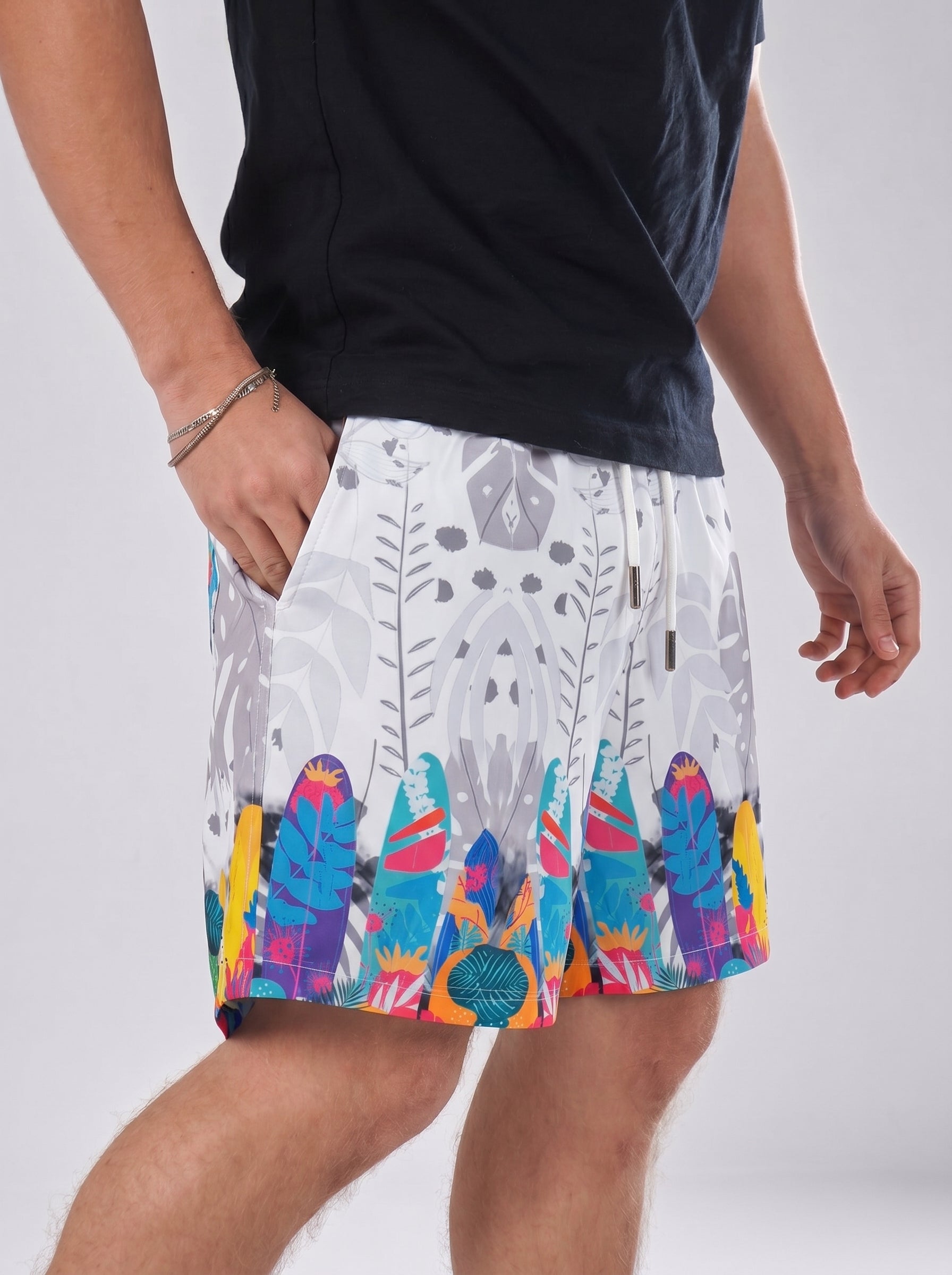 Swimshort – Grey Surfboards Tropical Print